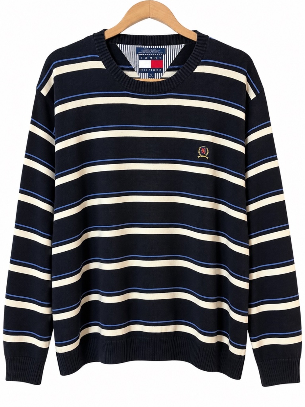 VTG 90s Tommy Hilfiger Crest Logo Striped Knit Sweater Navy Blue Sze XL